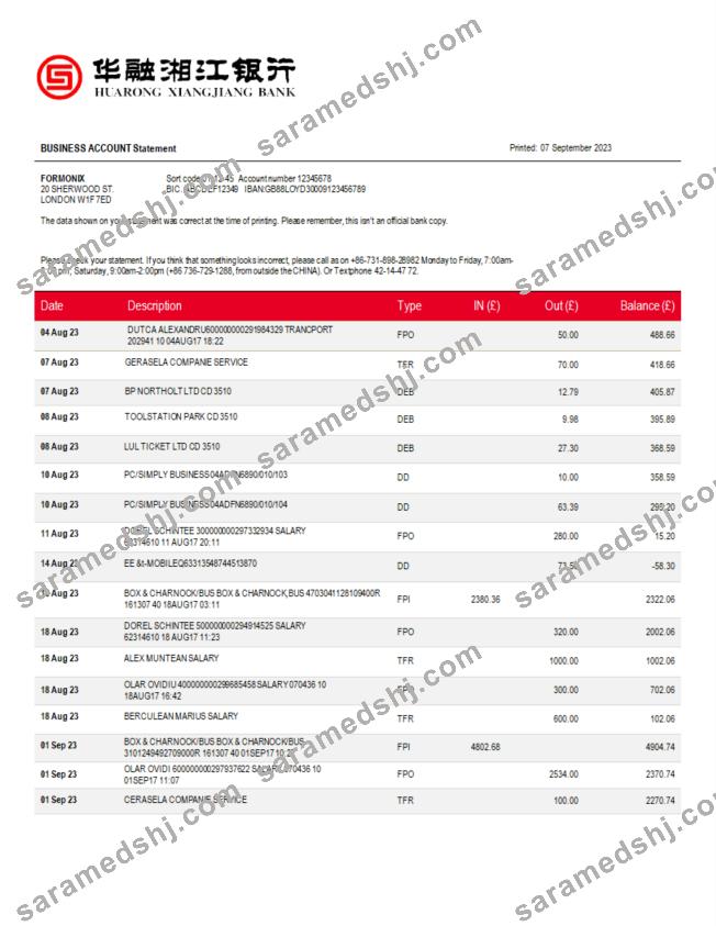 Huarong Xiangjiang Bank company account statement Word and PDF template